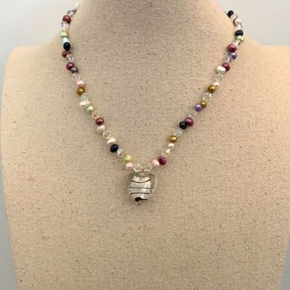 Teng Yue Art Glass Real Freshwater Pearl Heart Necklace Handmade Multi Color - Picture 4 of 12